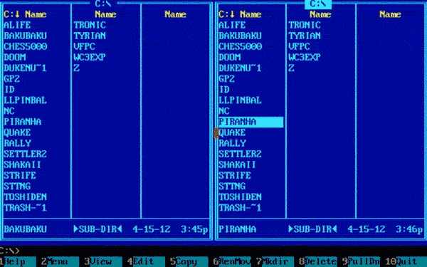 The example of data entry and display via Norton Commander